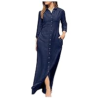 Women's Vintage Jean Shirt Dress Short Sleeve Button Up Denim Dress 2024 Summer Plus Size Loose Maxi Blouse Dresses, Long Sleeve Button Down Maxi Dress