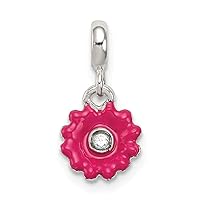 925 Sterling Silver Polished Hot Pink Enamel Flower With CZ Cubic Zirconia Simulated Diamond Enhancer Charm Pendant Necklace Measures 16x8mm Wide Jewelry for Women