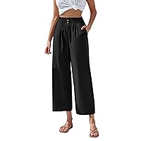 Women Casual Wide Leg Pants High Waisted Pants Work Trousers with Pockets Ankle Length Trousers