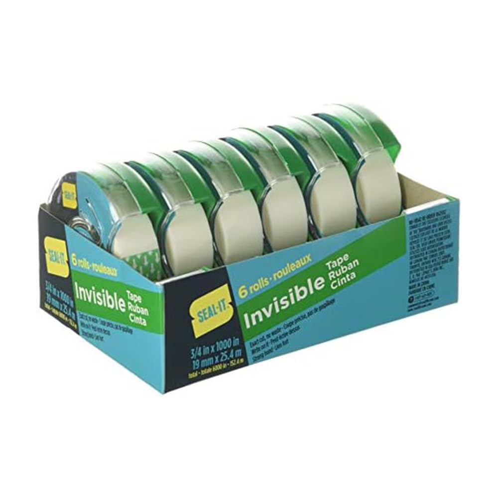 Seal-It Invisible Stationery Tape 3/4 x 1000 Inches On Press N' Cut Dispenser, Pack of 6 Total 6000 Inches, White (62452)