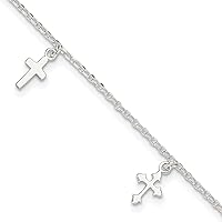Sterling Silver Polished Cross Dangle 9in w/1in Ext Anklet