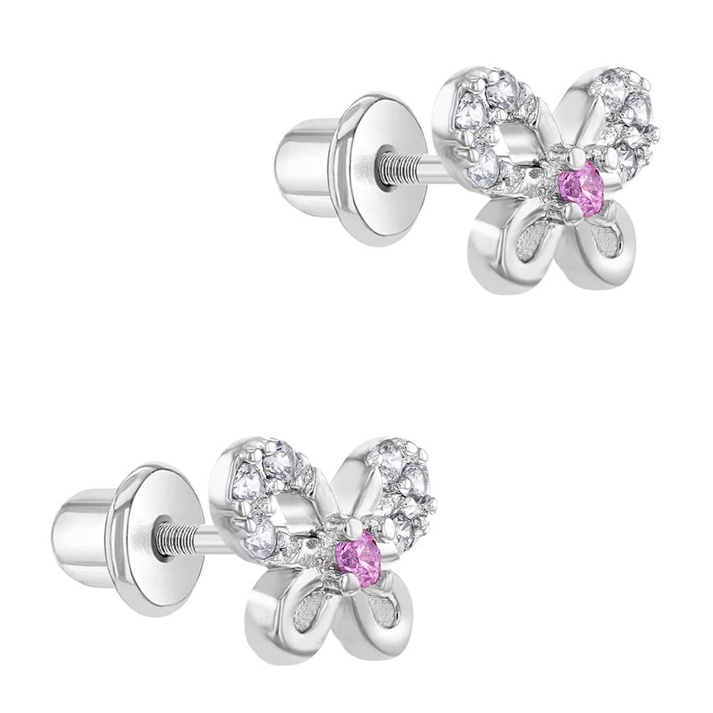 Rhodium Plated Clear and Pink Cubic Zirconia Butterfly Screw Back Earrings for Toddler Girls - Beautiful and Sparkling CZ Butterfly Earrings Fit Little Girls and Kids - Lightweight Studs for Girls