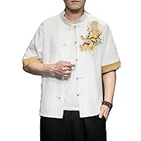 Summer Men Cotton Shirt Men' Short Sleeved Shirts Dragon Button Up Casual Style Plus