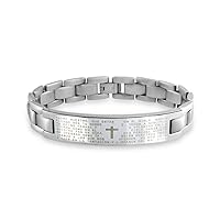 Bling Jewelry Customizable Men's Religious Identification Bracelet - Diagonal Sideways Cross in Silver & Gold Tone Stainless Steel with Silicone Wristband - Lord's Prayer El Padre Maestro