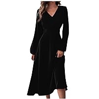 Womens Fall Dress Solid Long Sleeve V Neck Wedding Guest Dress Casual Elegant Cocktail Party Dress