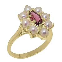 18k Yellow Gold Ring with Natural Pink Tourmaline & Cultured Pearl Womens Statement Ring - Size