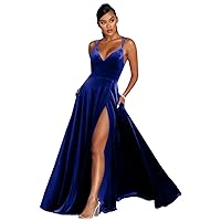 Women's Long Velvet Bridesmaid Dress V-Neck Formal Evening Prom Wedding Party Gowns with Slit Pockets