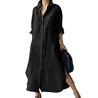 chouyatou Women's Spring Button Down Linen Shirt Dress Summer Flowy Side Slit Maxi Shift Dress
