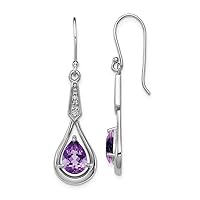 925 Sterling Silver Polished Shepherd hook Rhodium Plated With CZ Cubic Zirconia Simulated Diamond and Amethyst Long Drop Dangle Earrings Measures 40x11mm W Jewelry for Women