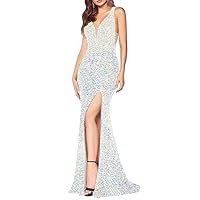 Sparkly Sequin Prom Dresses with Slit Long Deep V-Neck Mermaid Formal Cocktail Dresses for Women