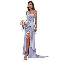 Lindo Noiva One Shoulder Satin Bridesmaid Dress Long for Women Sleeveless Ruched Formal Dress with Slit LN376