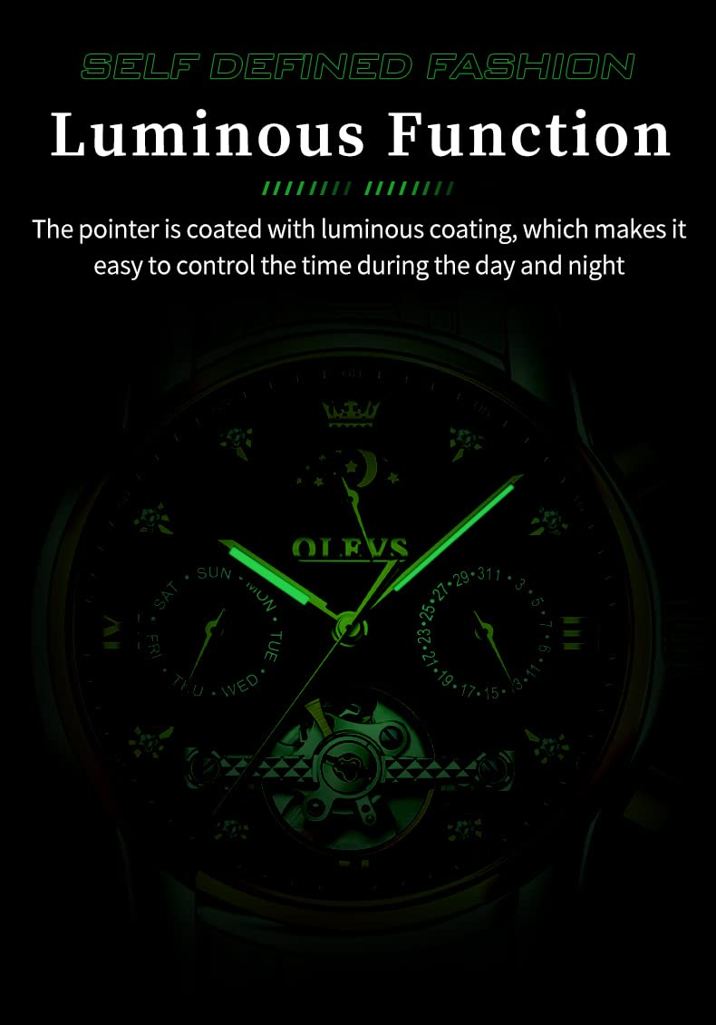 OLEVS Herrenuhren Automatik Mechanische Schwarz Armbanduhr mit Skelettiertem Tourbillon Kalender Wasserdicht Leuchtende Klassische Luxus Armbanduhren für Herren
