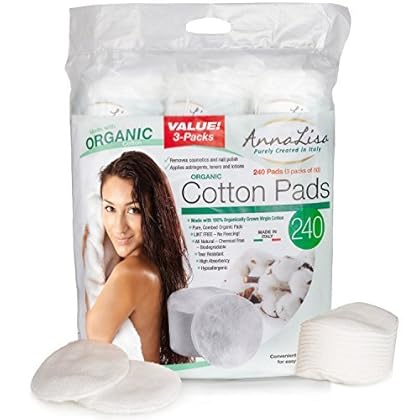 AnnaLisa 100% Pure ORGANIC Combed Cotton Pads for Makeup/Nail Polish Removal |240-Piece Italian Round Facial Cleansing| 3 Packs of 80 Hypoallergenic & Absorbing Cotton Rounds for Face closed ends