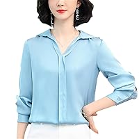 Real Silk Women's Blouses Spring Summer V-Neck Shirts for Women Long Sleeve Solid Blouse Loose Tops Woman Shirt