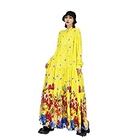 Woman Long Sleeves Crew Neck Dress Loose Mid-Length Flowers Pattern Printing Cotton A-Line Dress Spring Autumn