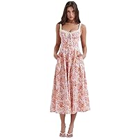 Floral Slip Dress Women Split Mid Length Dress Backless Holiday Summer Sleeveless Slim Vintage Bodycon Dress