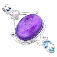Natural Amethyst Blue Topaz And River Pearl Handmade 925 Sterling Silver Pendant 1.75