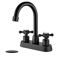 4 Inch Centerset Bathroom Faucet Double Cross Handle Vanity Faucet Vintage RV Farmhouse Bathroom Sink Faucet 3 Hole Deck Mounted with Pop up Drain,Matte Black,Hot and Cold Label