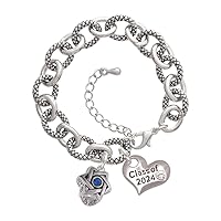 Plated Star of David with Blue Crystal Spinner - Class of 2024 Heart Charm Link Bracelet, 7.25+1.25