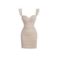 Dresses for Women - Ruffle Trim Ruched Bustier Mesh Bodycon Dress
