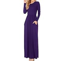 Women Long Sleeve Loose Plain Maxi Dresses Solid Color Cotton Oversize Dress Casual Crew Neck Long Dresses with Pockets