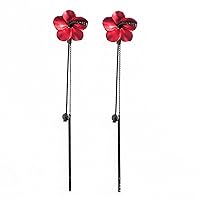 Poppy Flower Earrings for Women Girls Trendy Red Green Flower Black Long Line Bar Charm Dangle Drop Tassel Earrings Jewelry