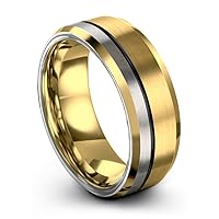 Tungsten Wedding Band Ring 8mm for Men Women Bevel Edge 18K Yellow Gold Grey Black Offset Line Brushed Polished