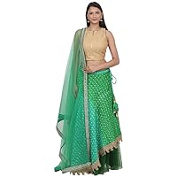 Bandhej Art Silk Green Color Layered Lehenga with Dark Beige Chantelle Net Choli and Green Net Dupatta