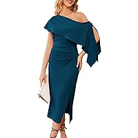 JASAMBAC 2023 One Shoulder Split Formal Dress for Women Ruffled Sleeve Midi Dress