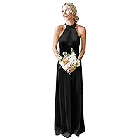 Women's Halter Velvet Bridesmaid Dresses Long Backless Sleeveless Formal Dress Evening Party Gown with Pockets