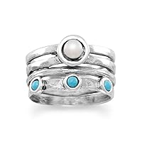 Oxidized 925 Sterling Silver Split Band Ring 5mm Cult. Fw Pearl Three 3mm Simulated Turquoise Jewelry Gifts for Women - Ring Size Options: 6 7 9