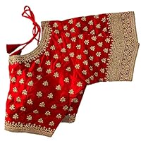 Women's Silk Embroidery Sequins Work Readymade Saree Blouse Red