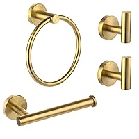 4 Piece Brushed Gold Stainless Steel Bathroom Hardware Set Include Hand Towel Ring, Toilet Paper Holder,and 2 Robe Towel Hooks,Bathroom Accessories Kit