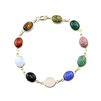 14K Yellow Gold Handmade Scarab Bracelet With Oval Shaped Gemstones 8 Inches
