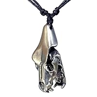 Wild Animal Skull w Moving Jaw Wolf Dog Tiger Predator Totem Lucky Charm Silver Pewter Men's Pendant Necklace Good Luck Wealth Money Fortune Gambling Protection Amulet Talisman N Black Adjustable Cord