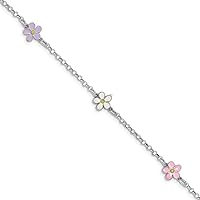 925 Sterling Silver Rhodium Plated Enameled Flower With .75 In Ext Bracelet 6.25 Inch Measures 1.95mm Wide Jewelry for Women