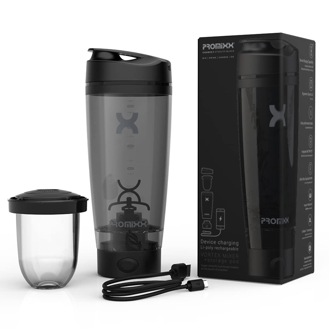 Promixx Charge Shaker Bottle - Device-charging Vortex Mixer with Supplement Storage, Easy-to-clean Tritan Cup (20oz | Black)