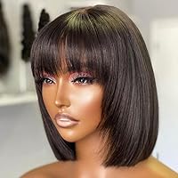 Short Bob Wig Human Hair with Bangs, Wear and Go Glueless Wig Human Hair, Brazilian Virgin Remy Human Hair None Lace Front Wigs For Women Straight Wig No Gluess Beginner Friendly 180%Density 10Inch