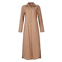 Women's Casual Dresses Large Loose Solid Cotton Linen Round Neck Short Sleeve Pocket Button Dress Long Summer