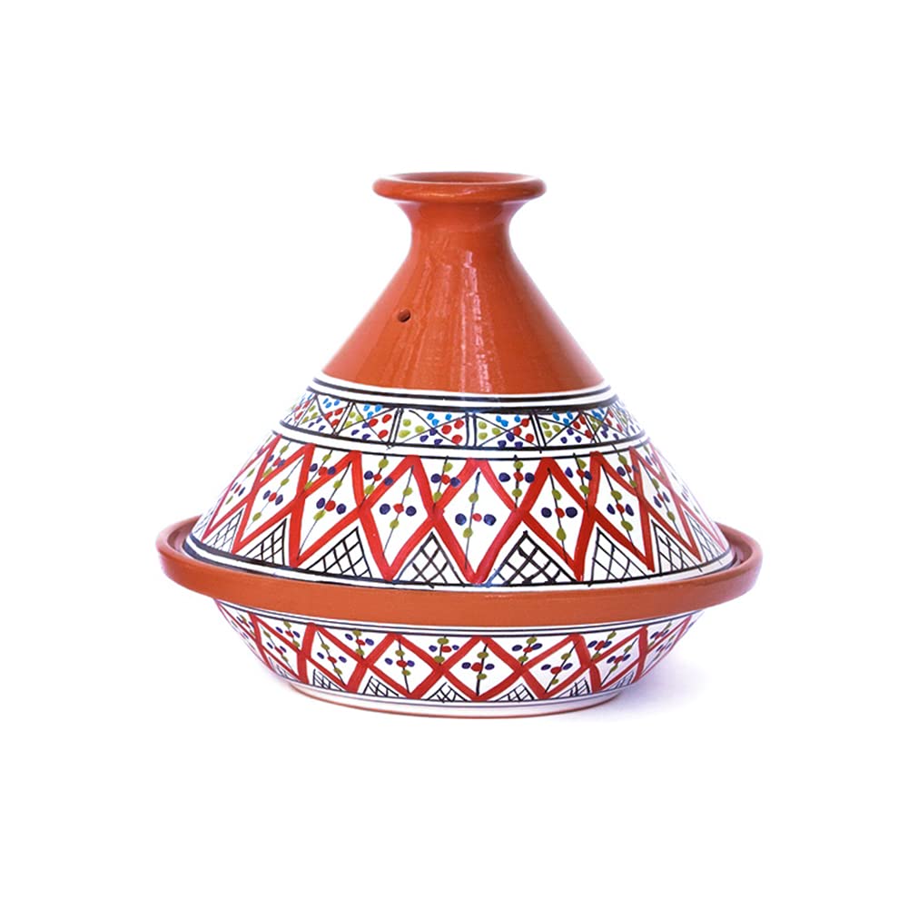 Kamsah Hand Made and Hand Painted Tagine Pot | Moroccan Ceramic Pots For Cooking and Stew Casserole Slow Cooker (Medium, Supreme Bohemian Red)