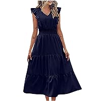 Women Smocked Waist-Defined Ruffle Trim Tank A-Line Dress Summer Sleeveless V Neck Casual Solid Tiered Mid Dresses