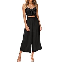 Women's Summer Tie Knot Cutout Spaghetti Straps Smocked High Waist Wide Leg Sexy Jumpsuits Rompers Pockets