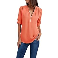 Today Women V Neck Dressy Tops Rolled Sleeve Casual Blouses Half Zip Solid T Shirt Elegant Work Shirts Loose Fit Tee Top Young Women Tops