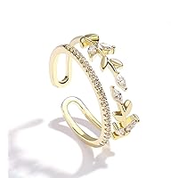 Bling Double Layer Leaf Branch Open Ring CZ Adjustable Free Size Finger Rings for Women Girl