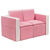 ARLIME Kids Sofa, 2 in 1 Convertible Double Sofa with Storage Space, PVC Leather Kid Lounge Chair with Wooden Frame, Toddler Couch Armchair for Boys Girls (Pink-White)