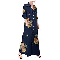 Women‘s Long Sleeves Maxi Dress V Neck Button-Down Plaid Dresses Ladies Loose Fit Casual Long Dress