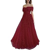 Sparkly Starry Tulle Prom Dresses for Teens Off The Shoulder Sweetheart Long Ball Gown A Line Formal Evening Party Gown