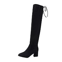 Women's Over The Knee Block Heel Boots Vegan Suede Pointed Toe Adjustable Back Lace Up Fall Long Boots Black