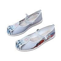 Summer Women Cotton Fabric Flats Ladies Button Strap Casual Dancing Shoes Ethnic Embroidered Sandals Gray 4.5