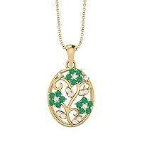 925 Sterling Silver Filigree Floral Natural Round Cut Emerald & White Topaz Teardrop Charm Pendant Chain Necklace